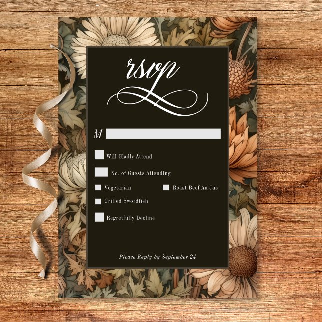 Art nouveau Brown William Morris Blommigt Bröllop OSA Kort (Art Nouveau Brown William Morris Floral Wedding RSVP Card)