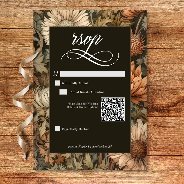 Art nouveau Brown William Morris Blommigt Bröllop OSA Kort (Art Nouveau Brown William Morris Floral Wedding RSVP Card)