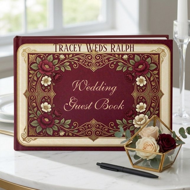 Art Nouveau Burgunderrosor Lyx Bröllop  Gästböcker (Art Nouveau Burgundy Roses Golden Luxury Wedding Guest Book)