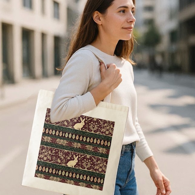 Art Nouveau Burgundy Floral Bunny Easter Egg Chic Tygkasse (Art Nouveau Burgundy Floral Bunny Easter Egg Chic Tote Bag)