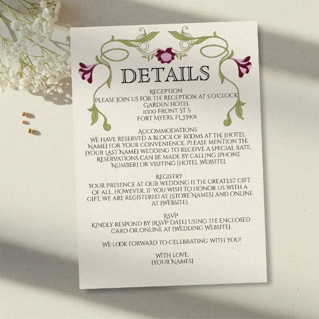 Art Nouveau Burgundy Pink Flowers Green Wedding Tilläggskort (Skapare uppladdad)