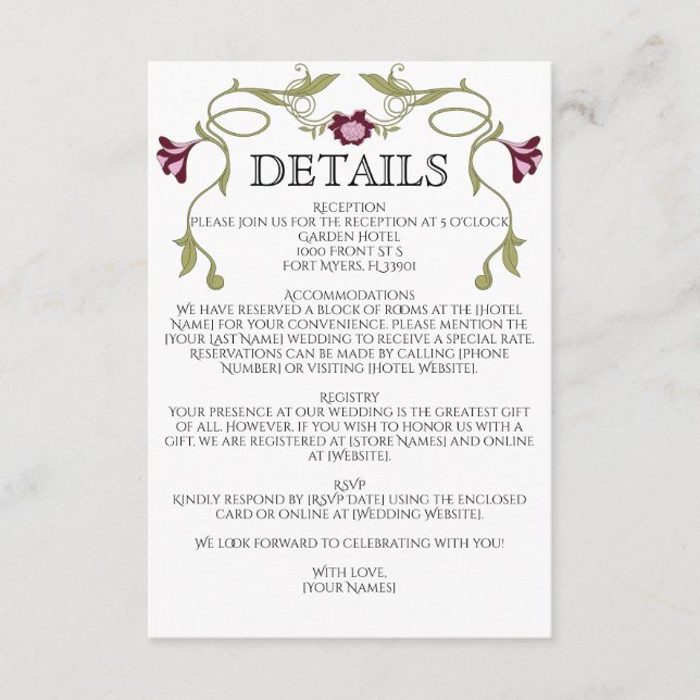 Art Nouveau Burgundy Pink Flowers Green Wedding Tilläggskort (Framsida)
