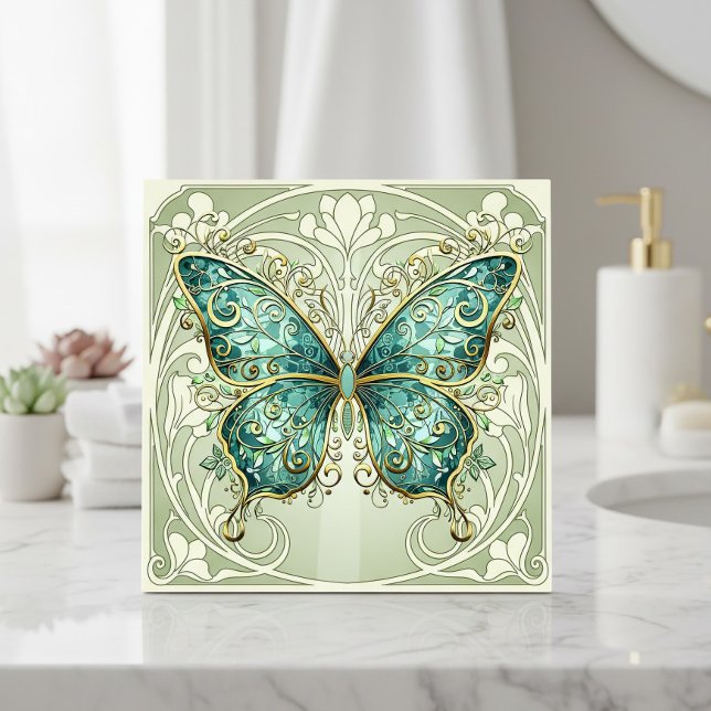 Art Nouveau Butterfly Pat#1 Teal ID1222 Kakelplatta (Skapare uppladdad)