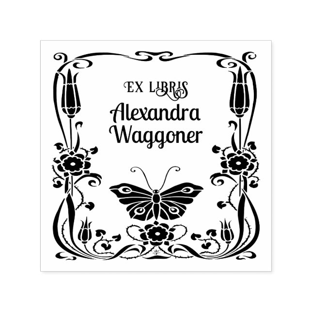 Art nouveau Butterfly Ram Ex Libris Bibliotek Bok Självfärgande Stämpel (Design)