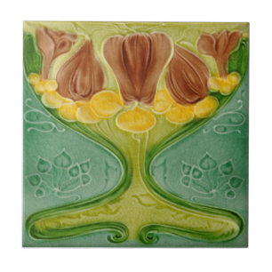 Art nouveau c1900 Malkin Detaljerad Blommigt Repro Kakelplatta