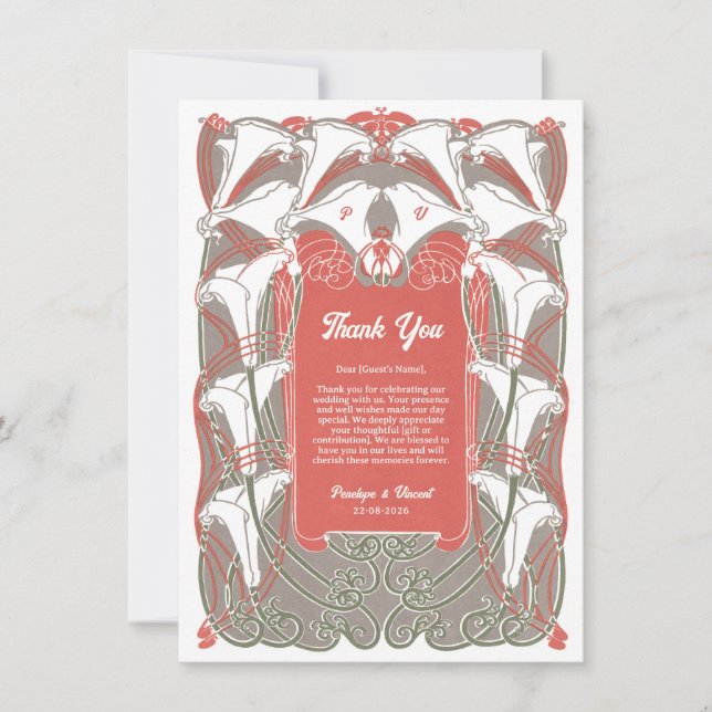 Art nouveau Calla Lily Elegance Tack Kort (Framsida)