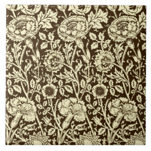 Art nouveau Carnation Damask, Brown och Cream Kakelplatta