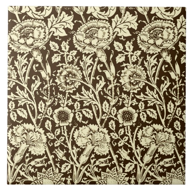 Art nouveau Carnation Damask, Brown och Cream Kakelplatta (Framsidan)