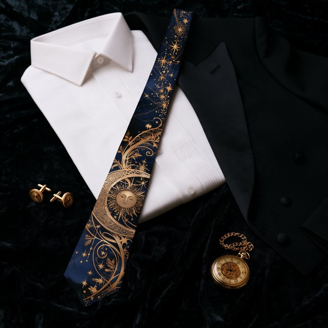Art Nouveau Celestial Guld Sol Måne Midnatt Navy Slips (Art Nouveau Celestial Gold Sun Moon Midnight Navy Neck Tie)