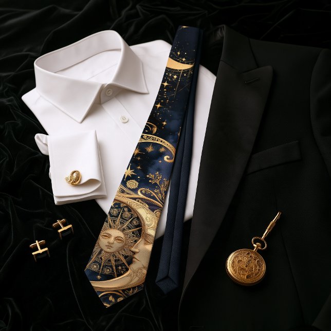 Art Nouveau Celestial Guld Sol Måne Midnatt Navy Slips (Art Nouveau Celestial Gold Sun Moon Midnight Navy Neck Tie)