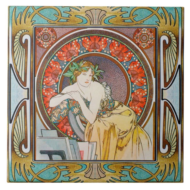 Art Nouveau Ceramic Tile Alphose mucha Design 15 Kakelplatta (Framsidan)
