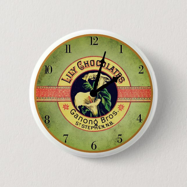 Art nouveau choklad reklam klocka knapp (Framsida)