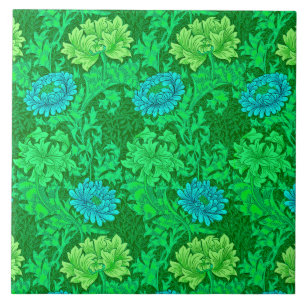 Art nouveau Chrysanthemums, Lime Green & Aqua Kakelplatta