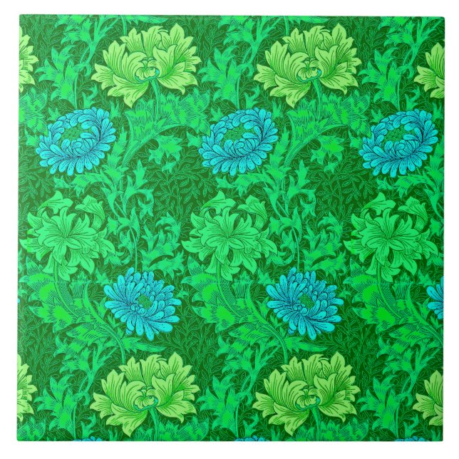 Art nouveau Chrysanthemums, Lime Green & Aqua Kakelplatta (Framsidan)