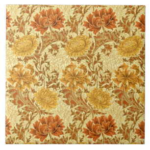 Art nouveau Chrysanthemums, Mustard Guld Kakelplatta