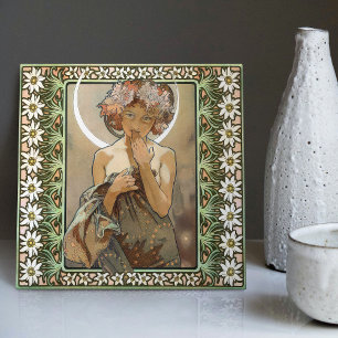 Art nouveau Clair de Lune Mucha Edelweiss Flowers Kakelplatta