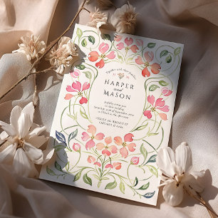 Art nouveau Coral Dogwood Blommigt Bröllop Inbjudningar
