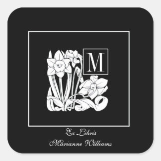 Art nouveau Daffodil Monogram Bookplåtsetikett Fyrkantigt Klistermärke