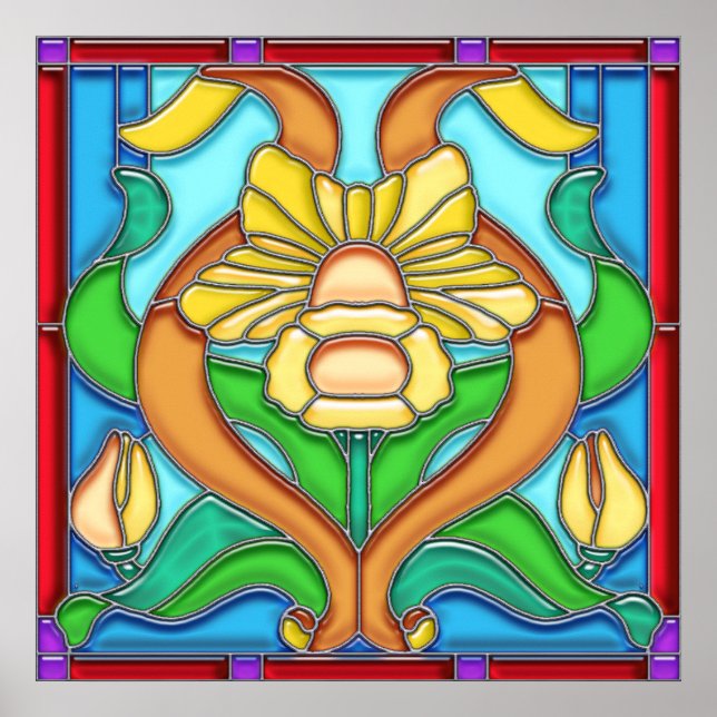 Art nouveau Daffodil Stain Glass Ram Poster (Framsidan)
