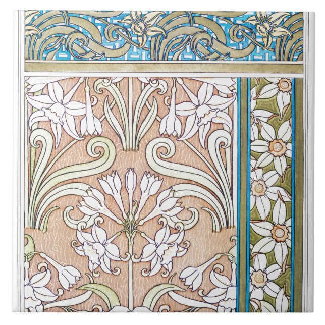 Art nouveau daffodil Verneui Textil blommigt art Kakelplatta (Framsidan)