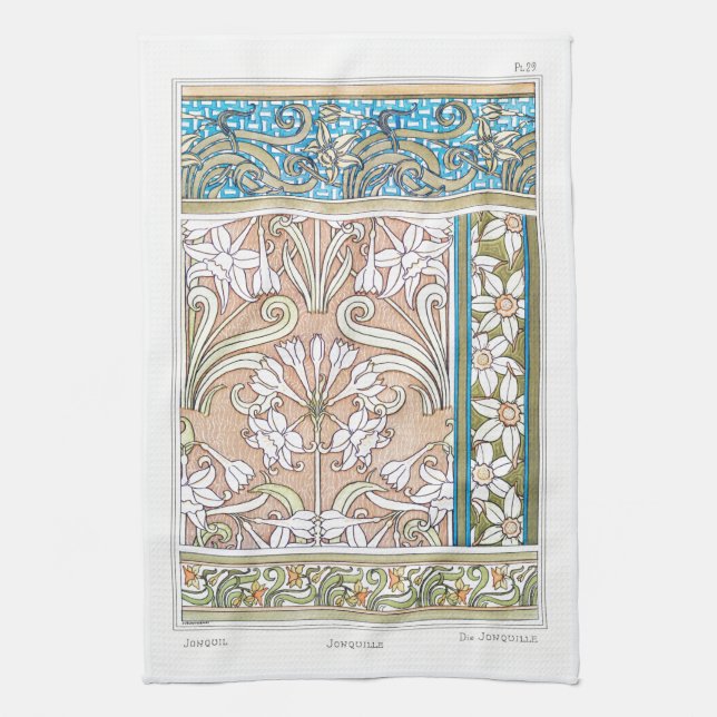 Art nouveau daffodil Verneui Textil blommigt art Kökshandduk (Vertikal)