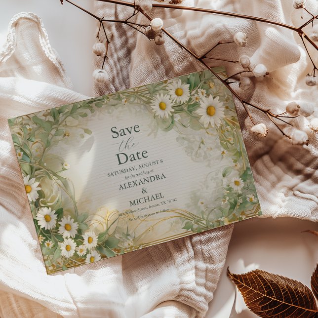 Art nouveau Daisy Elfenbenskustens Grönt Bröllop S Spara Datumet (Skapare uppladdad)