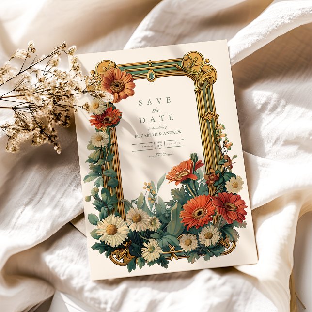 Art nouveau Daisy Gerbera Blommigt Ram Bröllop Spara Datumet (Skapare uppladdad)