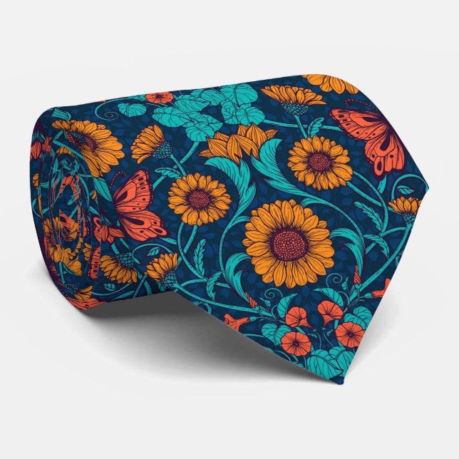 Art nouveau daisy i blått och gult slips (Rullad)
