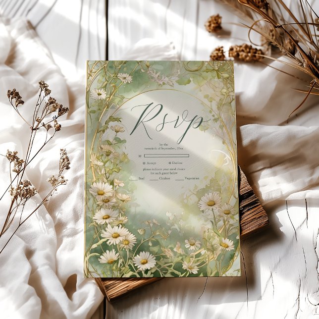 Art nouveau Daisy i Elfenbenskusten Grönt Bröllop OSA Kort (Skapare uppladdad)