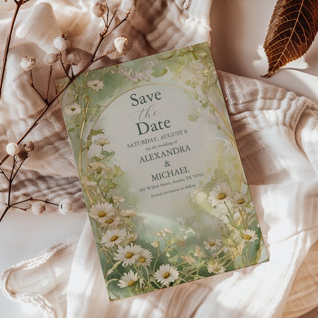 Art nouveau Daisy i Elfenbenskusten Grönt Bröllop Spara Datumet (Skapare uppladdad)