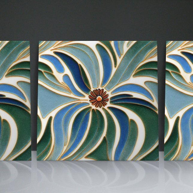 Art nouveau Daisy Sömlösa koboltblåa blommigtar Kakelplatta (Skapare uppladdad)