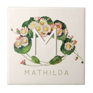 Art nouveau Daisy utandningsmonogram för att anpas Kakelplatta