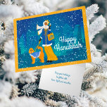 Art nouveau Dam Doodle Hund Personlig Helgkort<br><div class="desc">En snyggt kvinna som går Doodle hund genom staden medan snö börjar falla. Båda är klädda i mysiga jackas. Hon bär en Hanukkah shopping bag på arm och en Dreidle i hennes hand. En Art Deco-stad slumrar i bakgrunden. Anpassa texten med ditt eget hjärtliga meddelande.</div>