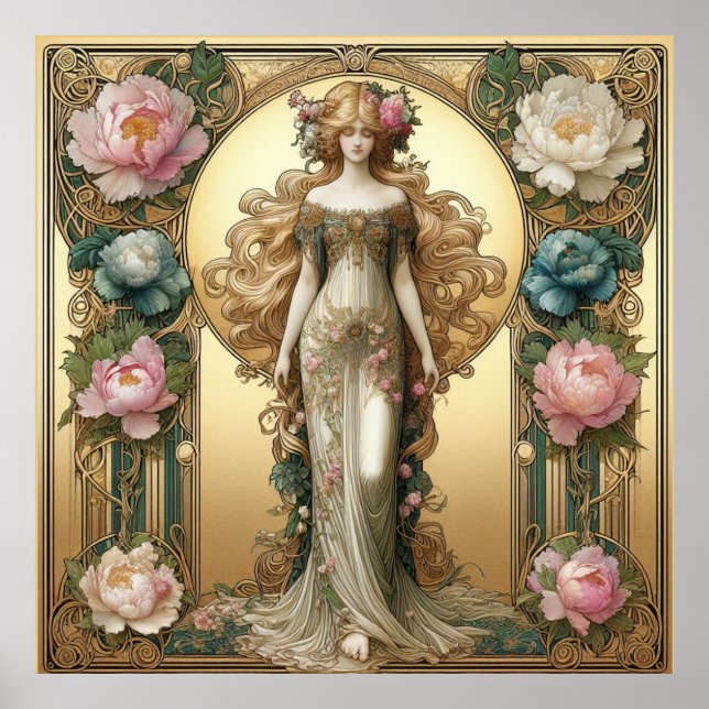 Art nouveau Dam med Peonies Poster (Framsidan)