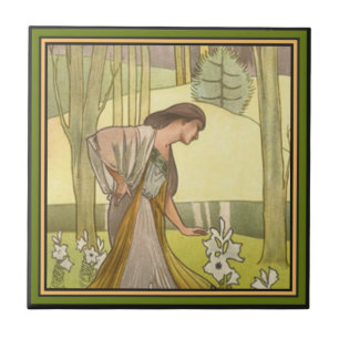 Art nouveau~-damen och liljar belägger med tegel kakelplatta