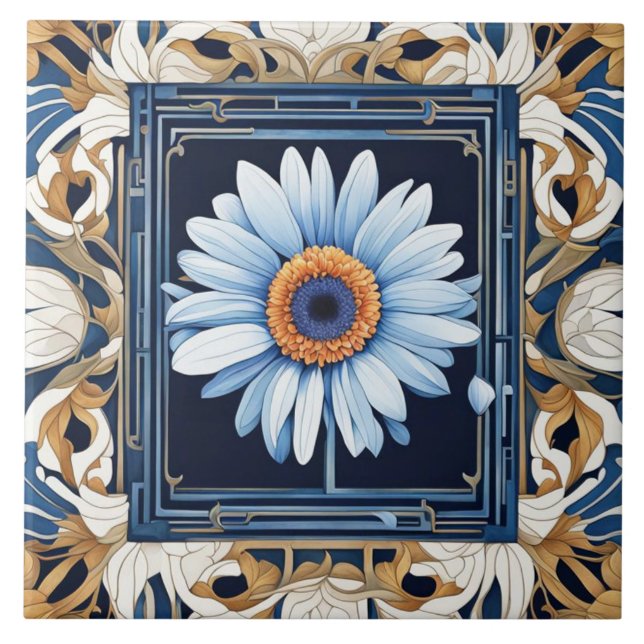 Art nouveau Deco Blue White Gerbera Daisy Flower Kakelplatta (Framsidan)