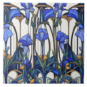 Art nouveau Deco Blue & White Iris Flower Blommigt Kakelplatta