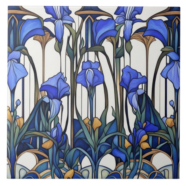 Art nouveau Deco Blue & White Iris Flower Blommigt Kakelplatta (Framsidan)
