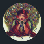 Art nouveau deco-elegant, honfjädrar stor klocka<br><div class="desc">En art nouveau, konst deco-vintage som illustrerar en gammal, rödhårig kvinna som ramlade med fjädrar i häktet En vintage i elegant som illustrerar en klassisk skönhet.</div>