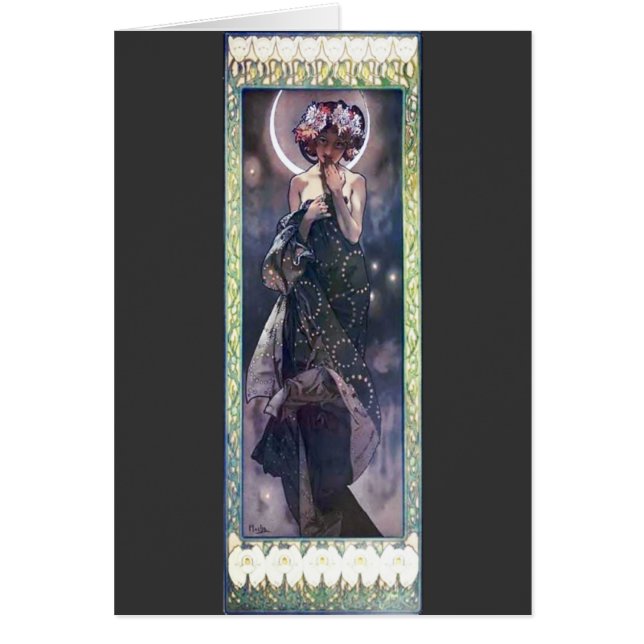 Art nouveau Deco för kvinna för Mucha månenatt Hälsningskort (Framsidan)