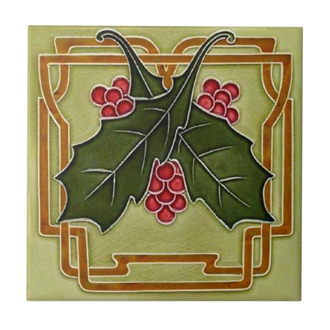 Art nouveau Deco Holly Berries julpropro Kakelplatta (Framsidan)