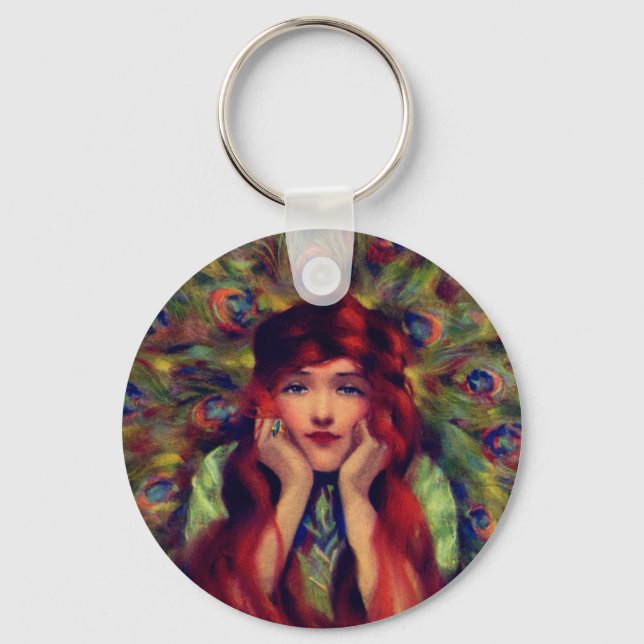 Art nouveau deco-kvinna elegant för pålfjäder nyckelring (Framsida)