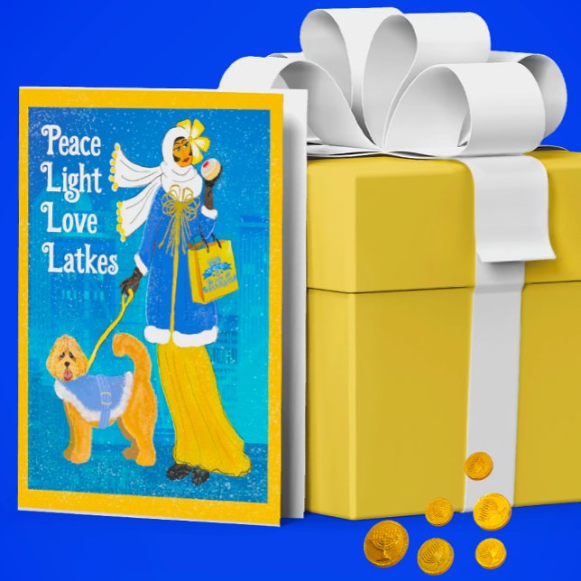 Art nouveau Doodle Hund Helgdag Hanukkah-kort Tack Kort (And Jelly donuts!)