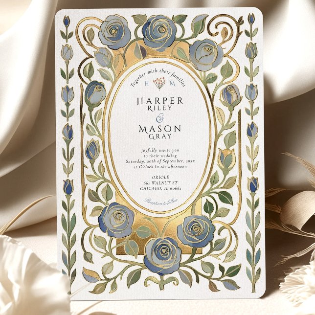 Art Nouveau Dusty Blue & Gold Roses Wedding Inbjudningar (Skapare uppladdad)