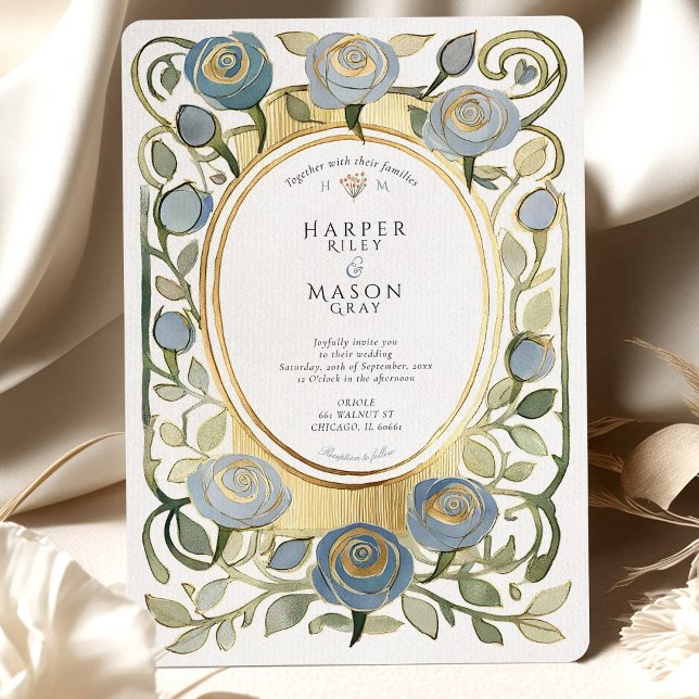 Art Nouveau Dusty Blue & Gold Roses Wedding Inbjudningar (Skapare uppladdad)