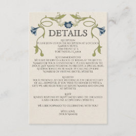 Art Nouveau Dusty Blue Navy Flowers Green Wedding Tilläggskort