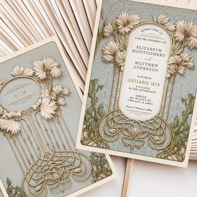 Art nouveau Elegant Blommigt Motif Bröllop Inbjudningar (Skapare uppladdad)