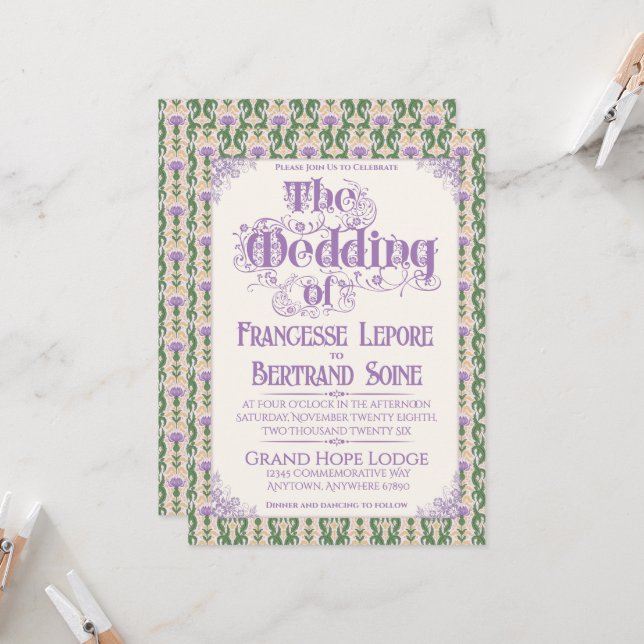 Art Nouveau Elegant Thistle Butter Yellow Inbjudningar (Fram/Back In Situ)