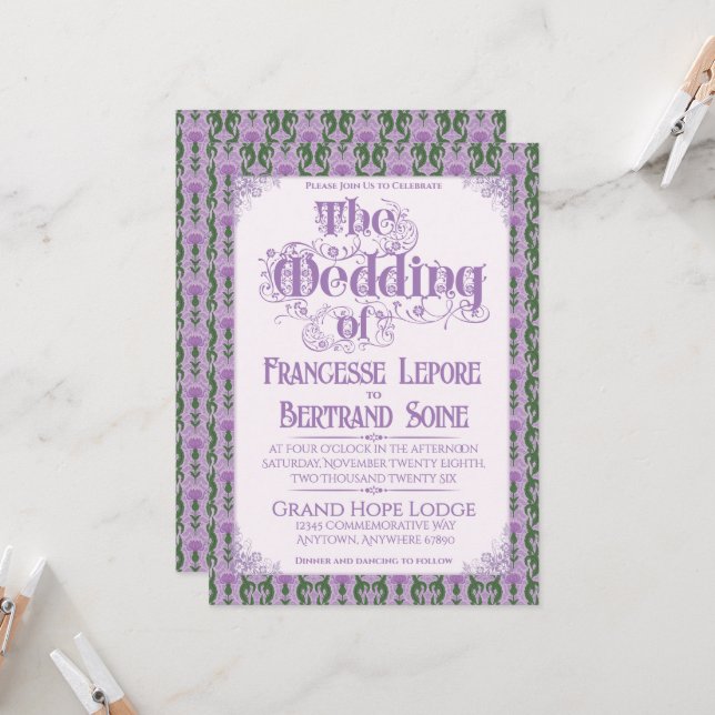 Art Nouveau Elegant Thistle Lilac Inbjudningar (Fram/Back In Situ)