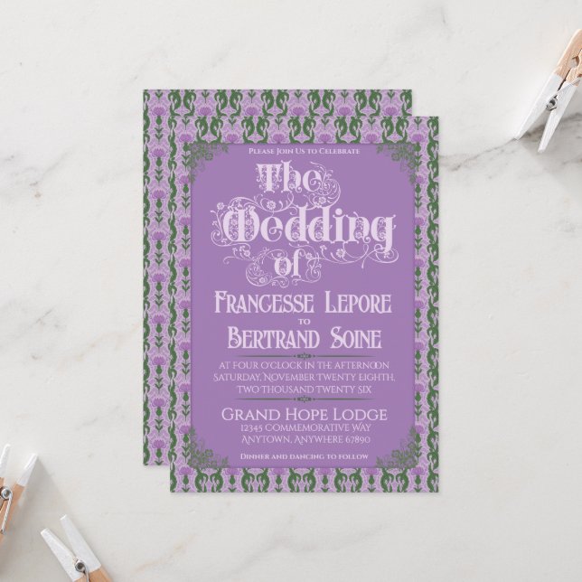 Art Nouveau Elegant Thistle Royal Lavender Inbjudningar (Fram/Back In Situ)